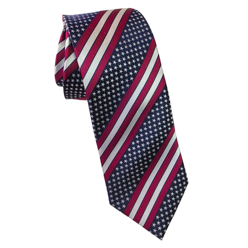 Toms Tie Shop 90s Patriotic American Flag Silk Tie 3" Modern Slim Red White Blue